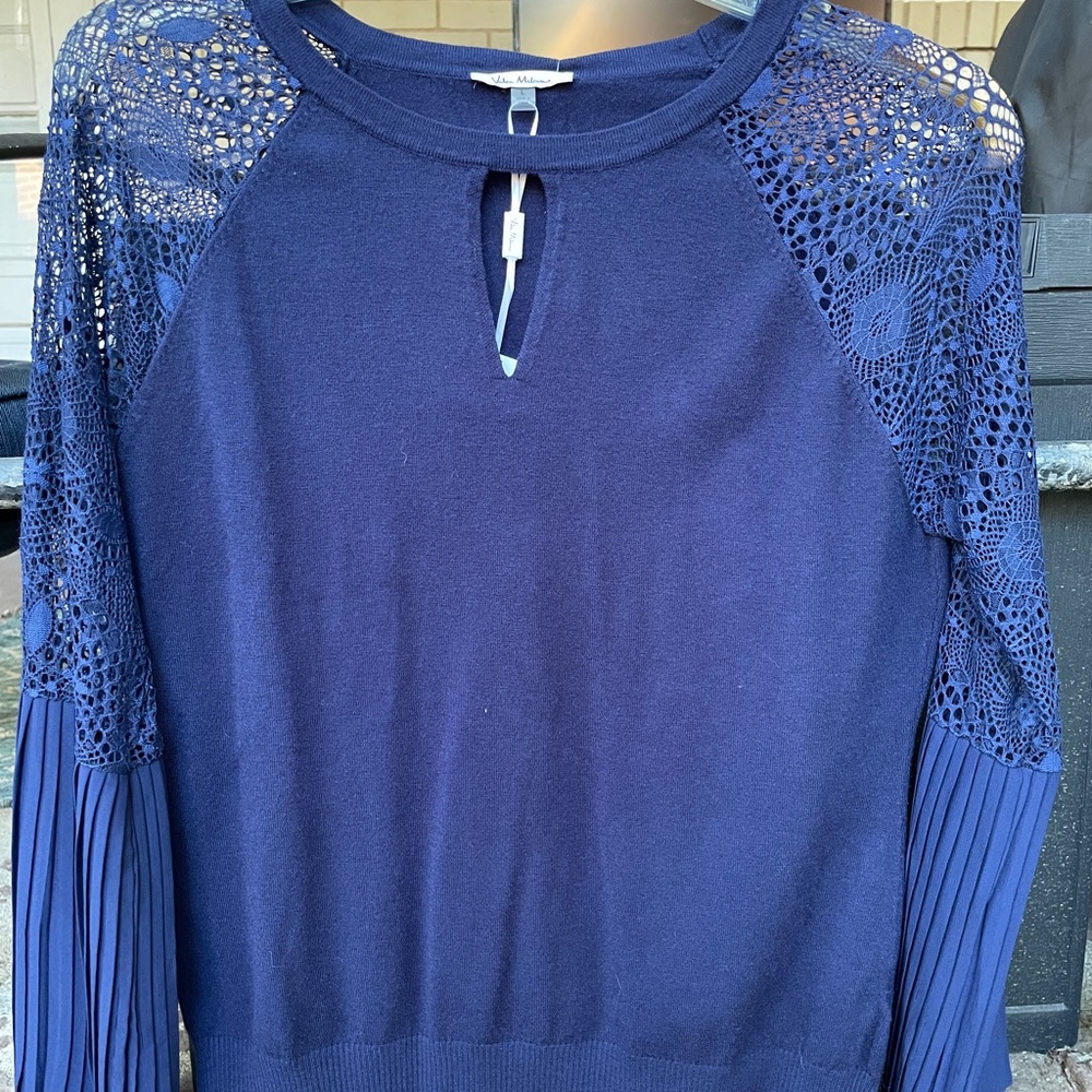 Navy Blue Lace Sleeve Blouse